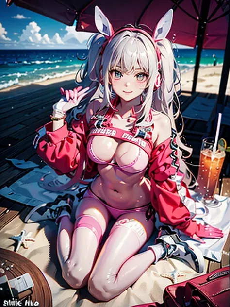 1girl, absurdres, bikini, black_bikini, black_jacket, bracelet, round chest, closed_mouth, smile,happy collarbone, commentary_request,alice (nikke), hair_ornament, hairclip, highre, idolmaster, idolmaster_shiny_colors, jacket, jewelry, large_chest, looking...