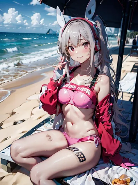 1girl, absurdres, bikini, black_bikini, black_jacket, bracelet, round chest, closed_mouth, smile,happy collarbone, commentary_request,alice (nikke), hair_ornament, hairclip, highre, idolmaster, idolmaster_shiny_colors, jacket, jewelry, large_chest, looking...