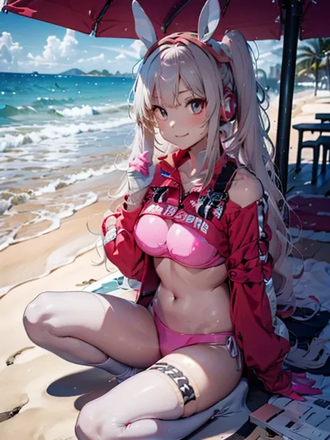 1girl, absurdres, bikini, black_bikini, black_jacket, bracelet, round chest, closed_mouth, smile,happy collarbone, commentary_request,alice (nikke), hair_ornament, hairclip, highre, idolmaster, idolmaster_shiny_colors, jacket, jewelry, large_chest, looking...