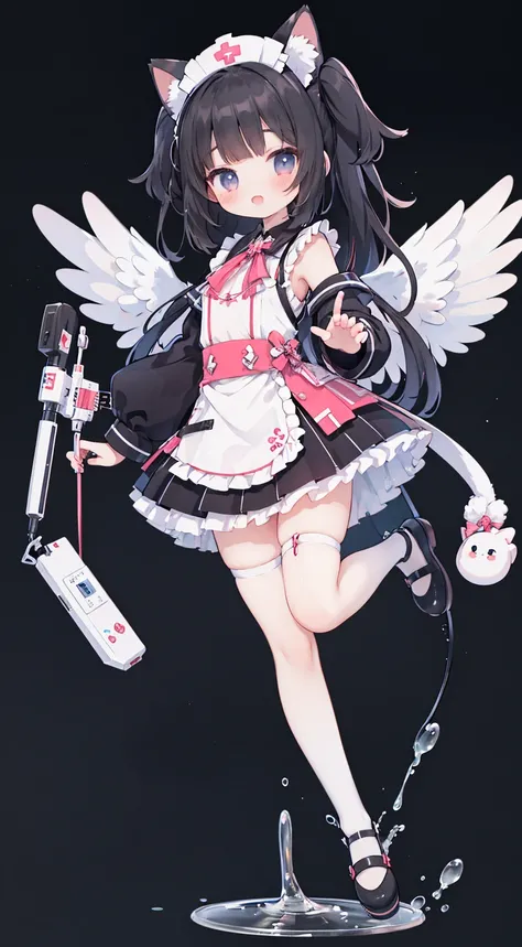 masterpiece,best quality,Official Art,Extremely detailed CG unity 8k wallpaper, beautiful girl, Kawaii,with her cat ears up, anime girl ,standing,Wearing white stockings,mini skirt,sleeveless tops,With very little angel wings,energetic and cute,black hair,...