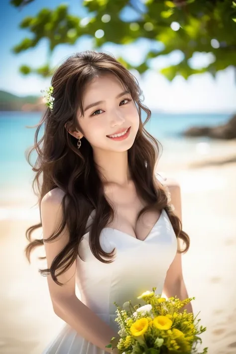 highest quality、4K、Perfect Face、Perfect Style、Sunburn、beautiful、stylish appeal、Mature、long layer curly hair、Swept-back hair、in Greece 、full body, giddy smile、havin a rose bouquet 、 pierce、white one piece、