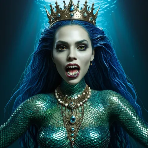 a vividly detailed, hyperrealistic portrayal of a mermaid queen by invoking the artistic styles of yigal ozer and kelley jones. ...