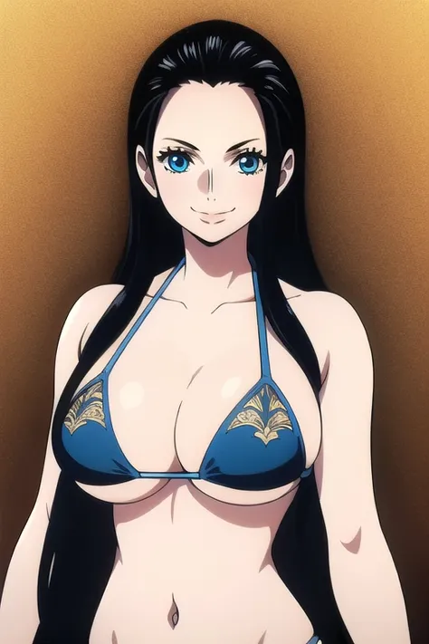 masterpiece, ((ultra detailed background, intricate detail)), (highly detailed, fine details), best quality, beautiful lighting, NicoRobinV2, 1girl, black hair, long hair, solo, smile, blue eyes, closed mouth, hair slicked back, large breasts bikini