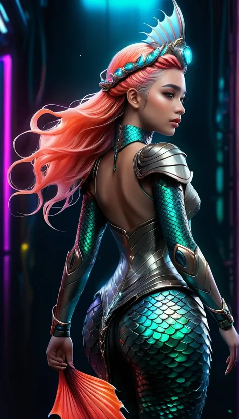 Realistic digital painting, full body shot, cyberpunk style,  marmaid Princess, long and beutiful fish tail, royal diadem made from coral, light modern armor made of fish scales and neons, sci-fi, dark fantasy, dark immersive background