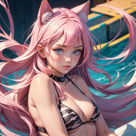 1_girl, solo, (high resolution, upper body, soft skin:1.2),(best illustration,masterpiece:1.2),ultra-detailed,[(cat ears ,pink inside:1.2),vivid colors,sharp focus,portrait,studio lighting,bokeh, wearing a 2 piece camo bikini, surfing beach background, ful...