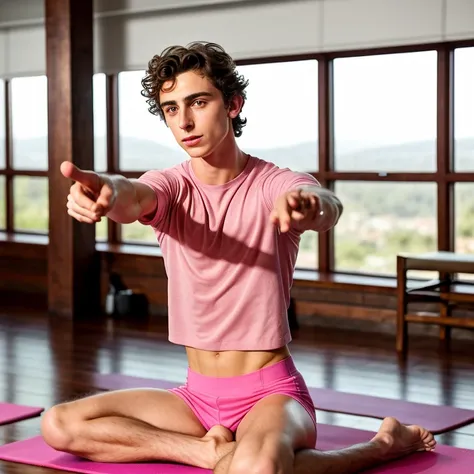 Timothee Chalamet,yoga class,pink yoga outfit,pointing finger,giving advice,highly detailed,realistic,photorealistic,8k,HDR,studio lighting,ultra-fine detail,sharp focus,vivid colors,natural lighting,warm color palette,elegant,serene,peaceful