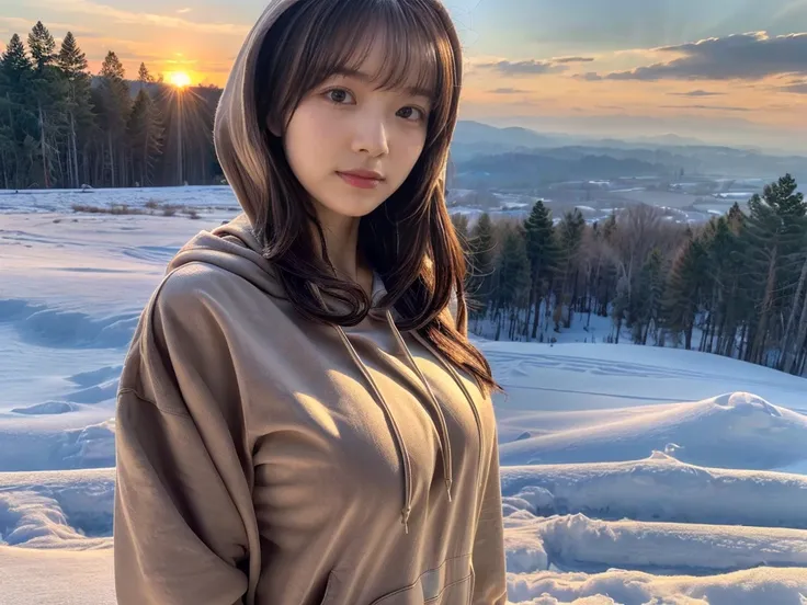 ((top-quality、8K、​masterpiece:1.3))、1girl in、Beautiful woman standing on snowy mountain:1.3、(brown long-haired、Colossal tits:1.4)、(Big Silhouette M51 Field Hoodie:1.5)、Super delicate face、Delicat eyes、double eyelid、Close-up of upper body from below、Sunset、...