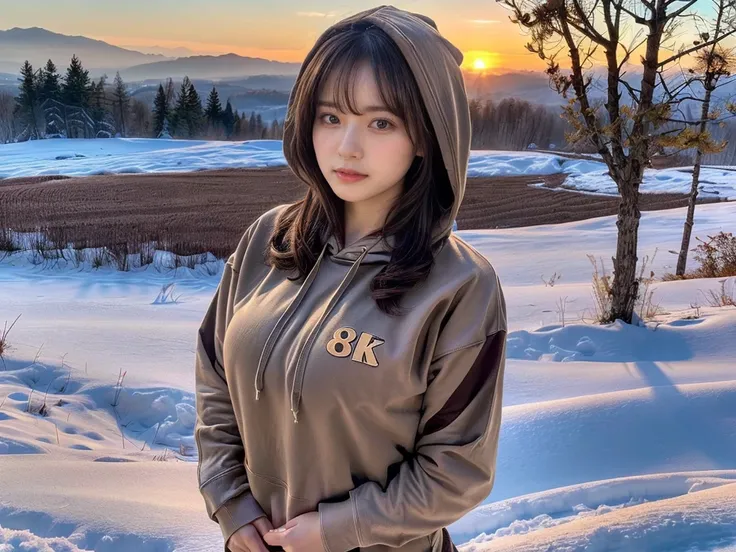 ((top-quality、8K、​masterpiece:1.3))、1girl in、Beautiful woman standing on snowy mountain:1.3、(brown long-haired、Colossal tits:1.4)、(Big Silhouette M51 Field Hoodie:1.5)、Super delicate face、Delicat eyes、double eyelid、Close-up of upper body from below、Sunset、...