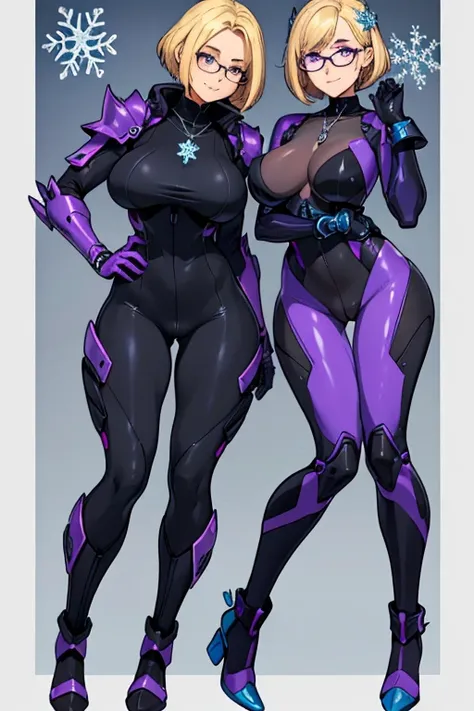 female, blonde short hair with purple trim, purple eyes, robotic, (((1girl))), (((black full body suit))), (blue ice armor breastplate), (blue ice heeled boots), (glasses), (necklace with snowflake pendant), cute and sexy, full body, large breasts, large b...