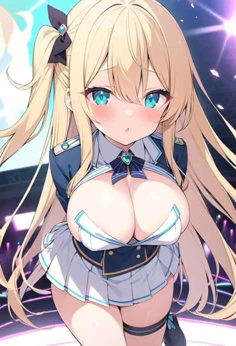 
blonde hair, long hair, One Side Up, aqua eyes., Big Breasts, Live Stage, uniform, solo nsfw  14years old