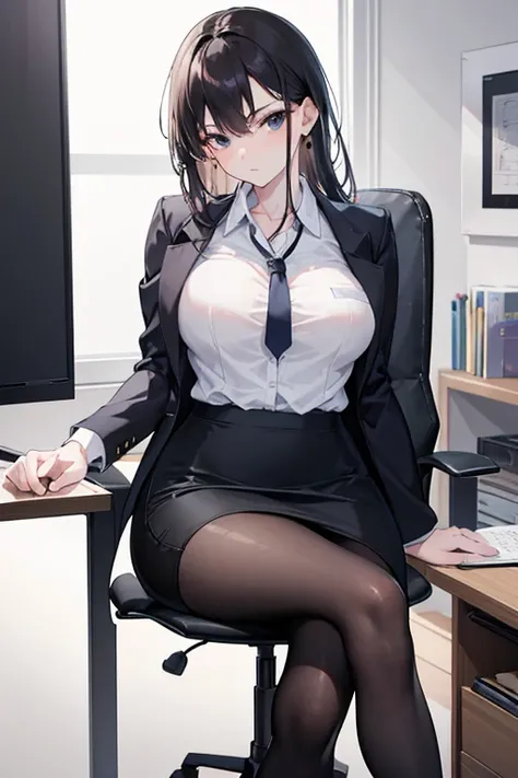 "Produce a photorealistic image depicting a professional woman in an office setting. Shes wearing a fitted white button-up shirt, a pencil skirt, and black pantyhose, seated gracefully in a chair with her legs crossed."