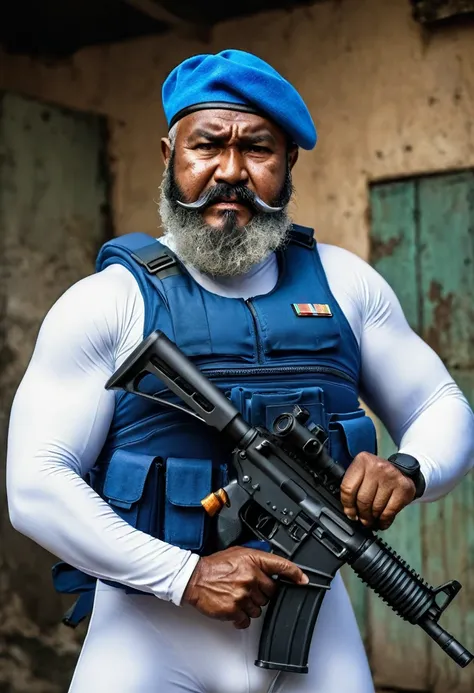 (a dark-skinned bearded fat old man in a white skintight zipper diver suit) holding a gun and (wearing blue army beret on his head), muscular, Basuki Abdullah, sumatraism, action, a character portrait, heroic, fierce, snarling