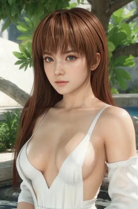 Kasumi, light brown eyes, (best quality, ultra-detailed), (realistic:1.37), beautiful and detailed face, ultra-realistic texture, delicate face, delicate body, red lipstick, bright colors. High definition, 8K. athletic body