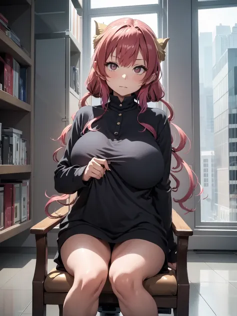 (High quality, highly detailed), A woman is being interviewed in a chair inside a building. She looks directly into the camera, her body facing the camera. The scene is directly in front of her. She is wearing casual clothing and appears calm. nsfw