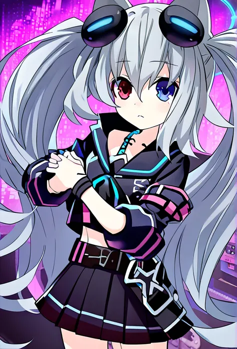 ((1girl)), ((grey hair)), cute, wavy long hair, cat-eared headset with neon light purple color, heterochromia eyes (blue eyes, r...