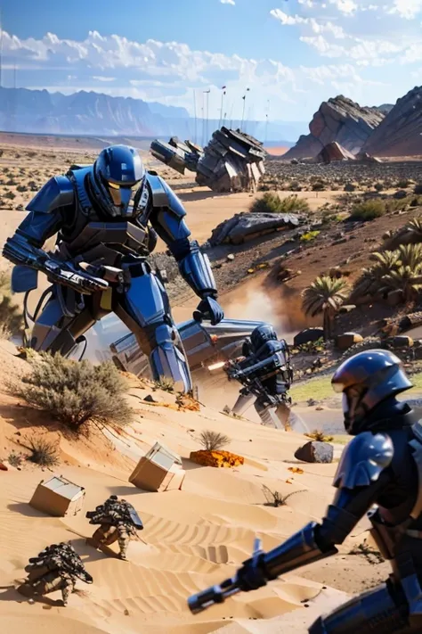 Located on a human desert planet，A group of soldiers wearing power armor，Defending the colony from alien forces，Soldier holding gauss rifle in hand，Fight alien forces in the battlefield，All the soldiers are firing，Surrounded by debris and corpses，
