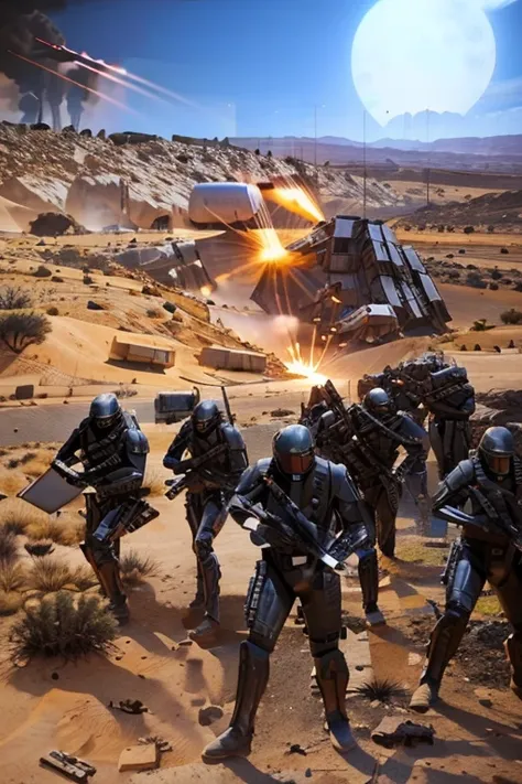 Located on a human desert planet，A group of soldiers wearing power armor，Defending the colony from alien forces，Soldier holding gauss rifle in hand，Fight alien forces in the battlefield，All the soldiers are firing，Surrounded by debris and corpses，
