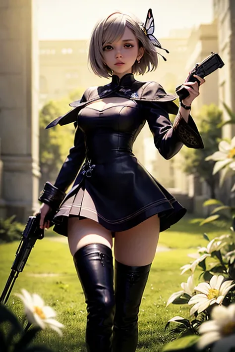 Octane Render、(Hyper-detailing: 1.15)、cinematic lightening、Cute Fantasy Princess、Handgun shooting practice、Fine Pattern Pistol,long boots、ultradetailed eyes、Full Paint、（Floral hair ornament、butterfly hair ornament）、masutepiece、Anatomically correct、blur、dep...