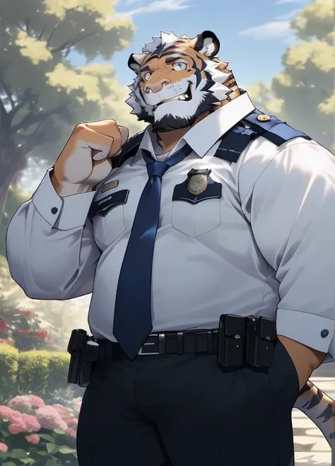 hairy，（tiger，Black-rimmed glasses，White shirt，tie，Long-sleeved police uniform，），beard，White fur，male，Common，Full body pictures， Dynamic poses，giggle，garden，Detailed background，极其lifelike阴影，masterpiece，Very detailed，lifelike