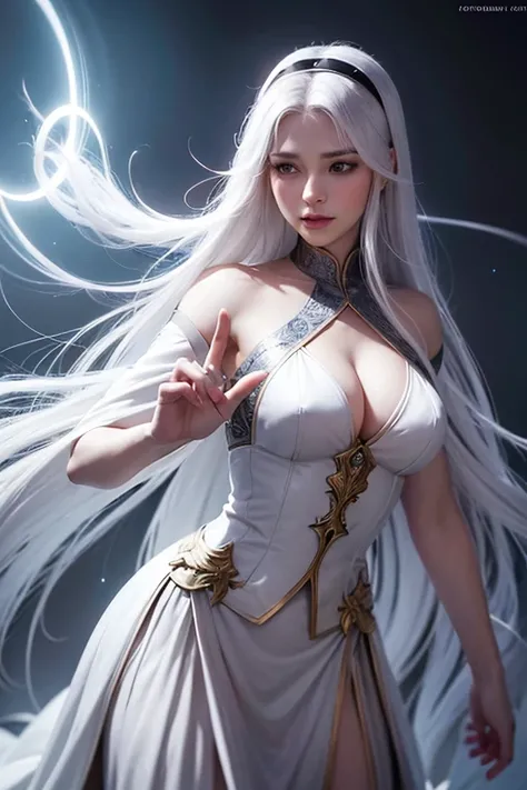 A mystical false priestess, halo of ethereal magic, long flowing white hair, captivating gray eyes, warrior maid/nun outfit with a long flowing skirt, intricate rings on her fingers, (best quality,4k,8k,highres,masterpiece:1.2),ultra-detailed,(realistic,ph...