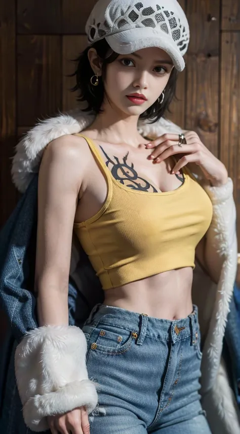 masterpiece, best quality, 8k,highestres, absurdres, extremely detailed, female trafalgar law, solo, looking at viewer, short hair, medium breasts, hat, navel, cleavage, collarbone, earrings, midriff, pants, coat, fur trim, denim, jeans, shoulder tattoo,  ...