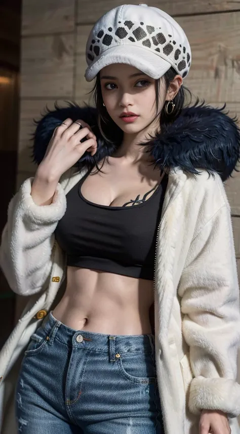 masterpiece, best quality, 8k,highestres, absurdres, extremely detailed, female trafalgar law, solo, looking at viewer, short hair, medium breasts, hat, navel, cleavage, collarbone, earrings, midriff, pants, coat, fur trim, denim, jeans, shoulder tattoo,  ...