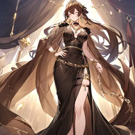 ((highest quality)), ((masterpiece)), (detailed), （Perfect Face）、The woman is a Galeon with medium-long brown hair and her eyes always closed.、A gorgeous brown see-through dress with a long slit that lets you see right through to the skin, a see-through ca...