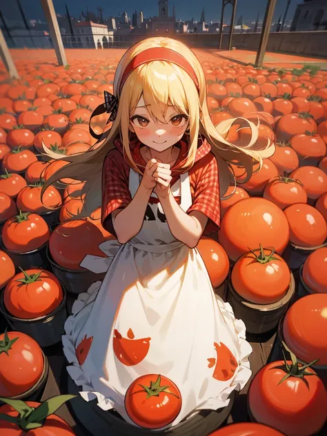 Tomato festival in Spain、European cityscape、All red、Flying Tomato、Smiling person throwing tomatoes々、tomato juice、1girl、Red gingham check apron dress、tomato juiceで汚れている、Throwing tomatoes with a smile、blonde、hair band、Long Hair、Red hoodie、girl、With tomato pi...