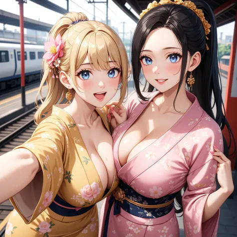 ((1 woman and 1 man)), Beautiful Face,(Two people taking a selfie on a smartphone),Laughing embarrassedly,Sweat on the face,Glossy pink lips,Daytime,Meet at the station platform, ((Anime style background)),masterpiece, highest quality, so beautiful, up to ...