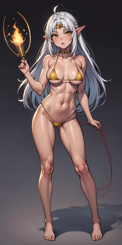 (Masterpiece, plain background:1.2) Female full body, standing straight symmetrical feet together, blood dark elf, dark skin, long messy white hair, short elf ears, circlet, yellow eyes, 1990s (style), female 1sologirl slingshot micro bikini, barefoot