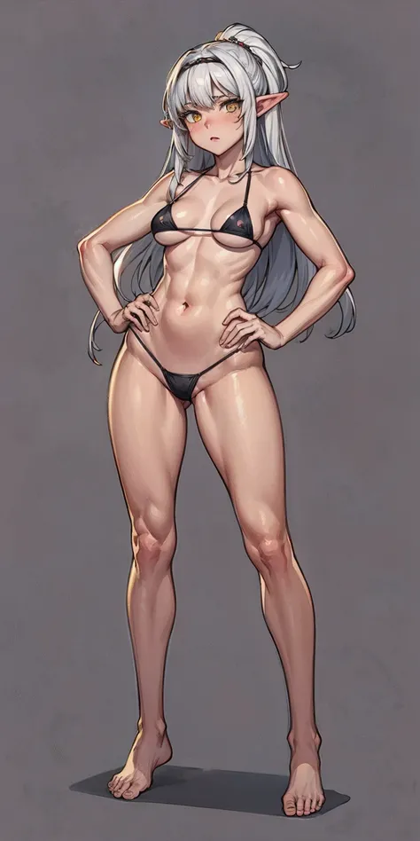 (Masterpiece, plain background:1.2) Female full body, standing straight symmetrical feet together, blood dark elf, dark skin, long messy white hair, short elf ears, circlet, yellow eyes, 1990s (style), female 1sologirl slingshot micro bikini, barefoot