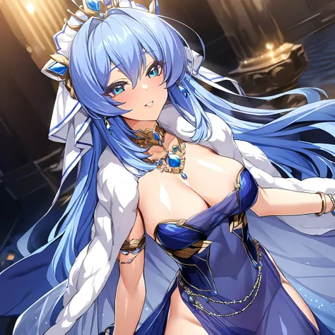 ((highest quality)), ((masterpiece)), (detailed), （Perfect Face）、The woman is Extia and has long blue hair.、A gorgeous blue see-through dress with a long slit that lets you see right through to the skin, a see-through cape with fur, a necklace with jewels,...