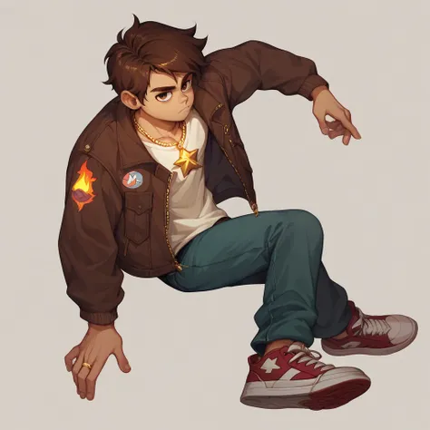 score_9, score_8_up, score_7_up, Marco Diaz, star vs. the forces of evil, brown hair, 1boy, brown eyes, solo, puffer jacket, shirt, baggy pants, gold necklace, high-top sneakers, 1boy, solo, close up