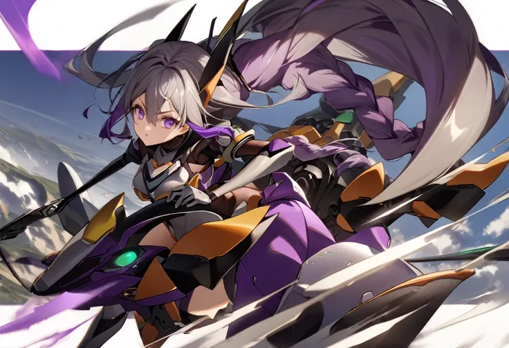 yinji,1 Girl,Double,purple_hair,purple_Eye,Very_long_hair,grey_hair,Braided_Ponytail，Chariot,flight，eva，mechanical，Transformation，Armed Girl，slope_hair