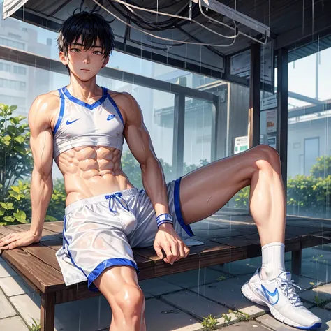 A 14-year-old Chinese boy is wearing white and Nike socks, showing his eight-pack abs. The rain soaks his