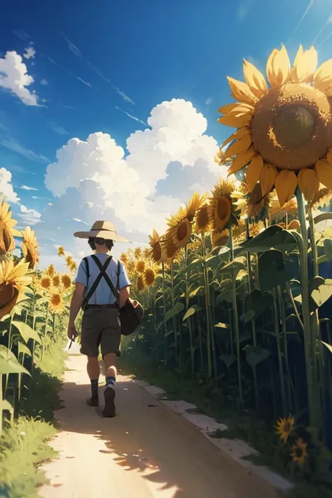 Studio ghibli artstyle mailman walking trough a big sunflowerfield alone 