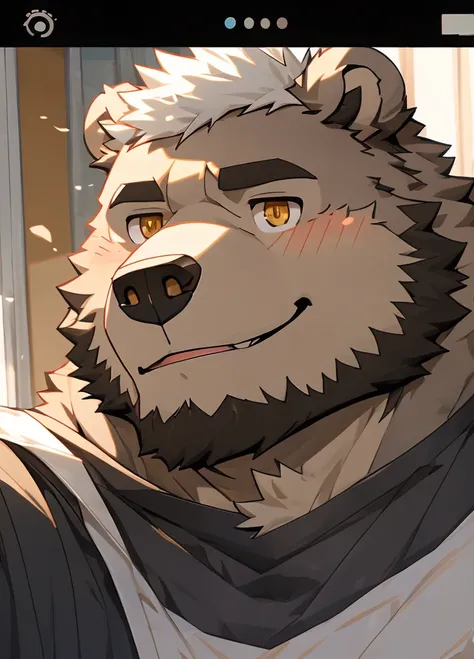 （masterpiece），（Very detailed），（best quality），hairy，Bear，Gray fur，white hair，Golden pupils，Smile（blush 1.1），（Black casual wear 1.2），Selfie of two boys，8K，（Face close-up 1.5），（（high quality））