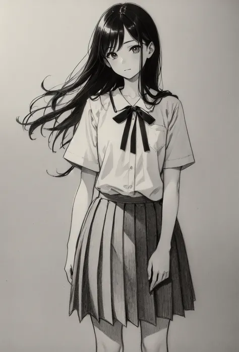 One Girl,Line art,Monochrome,sketch,Pencil drawing,Traditional Media,One Girl,skirt,Short sleeve、Are standing, (Cute Teenage Girl, alone),Beautiful portrait、Delicate body、Respect、sketchブック、uniform、Black Hair,Beautiful Landscape,Sketch,