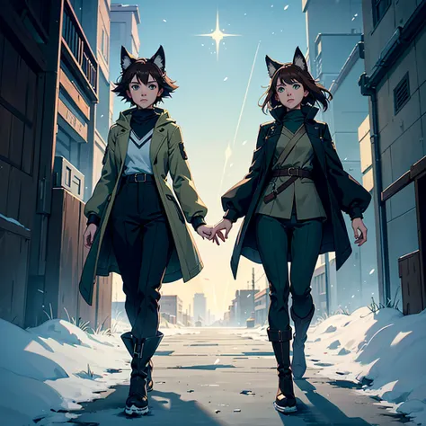 Generate a premium AI half body image of a young woman with brown hair and green eyes, adorned with fox ears and tails. She wears a black coat with green details, paired with winter trousers and boots, walking on a winter day in a small city. The scene is ...