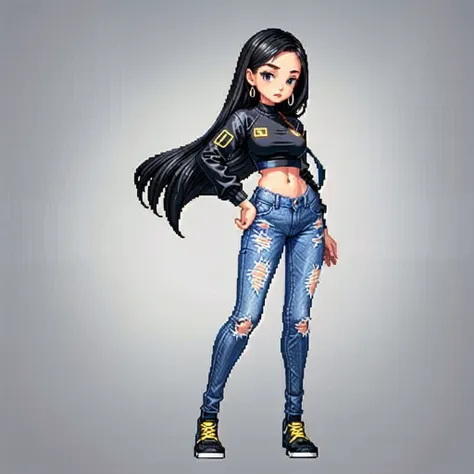 (masterpiece, top quality, best quality), pixel,pixel art,girl,crop top,jacket,jeans,fullbody