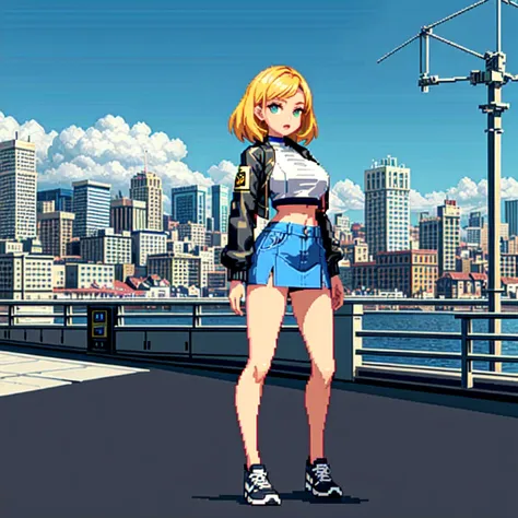 (masterpiece, top quality, best quality), pixel,pixel art,girl,crop top,jacket,skirt,city background,fullbody