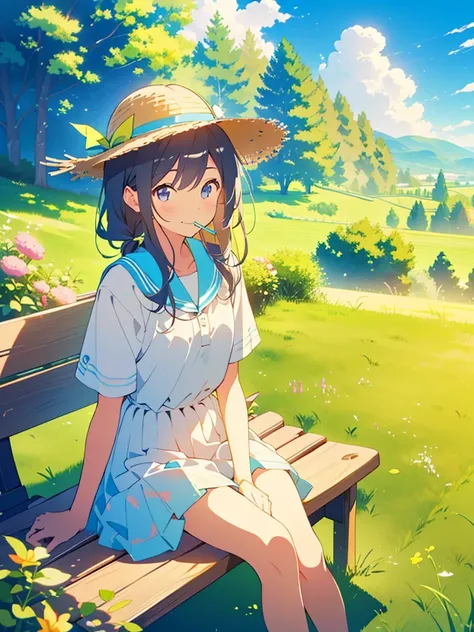 Masterpiece、highest quality、A grassland with blue skies、summer、Sitting on a bench、（One girl）、One girl、Wearing a straw hat、Smile with your mouth closed、summer服、