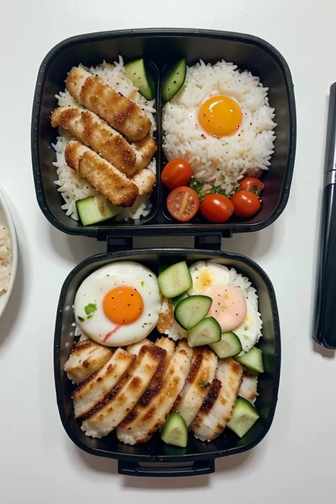 ChikSilog in a bento box with 1 garlic rice, chicken katsu, and slice tomato and cucumber. Cartoon style