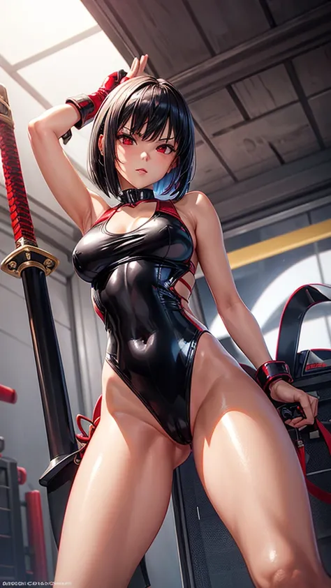 solo girl,Glossy metalic light silver tank top, tight latex shiny, Red interpolation color,Black hair bob,red eyes, camel toe, Samurai Sword,
Lift one leg, sexy lady,