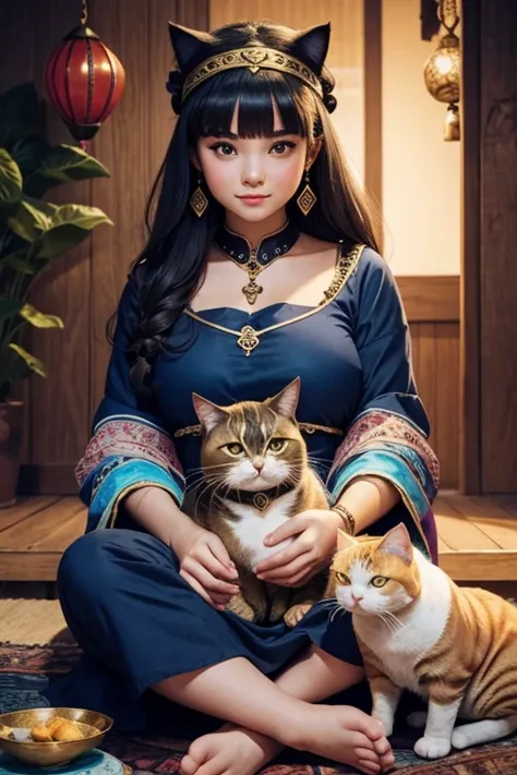 One girl, fortune teller, Holding a cute fat cat, 