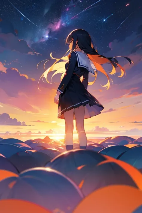 Summer sunset and starry sky、Back view of a high school girl、love、Sadness、uniform、Place the high school girl in the center and make her size small