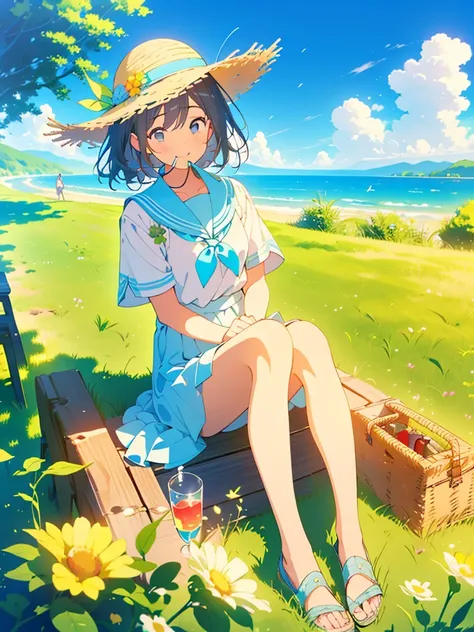 Masterpiece、highest quality、A grassland with blue skies、summer、Sitting on a bench、（One girl）、One girl、Wearing a straw hat、Smile with your mouth closed、summer服、Blowing bubbles