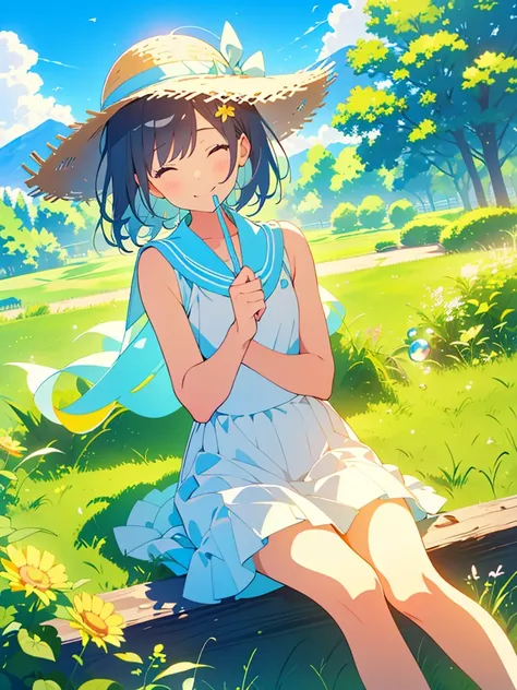 Masterpiece、highest quality、A grassland with blue skies、summer、Sitting on a bench、（One girl）、One girl、Wearing a straw hat、Smile with your mouth closed、summer服、Blowing bubbles