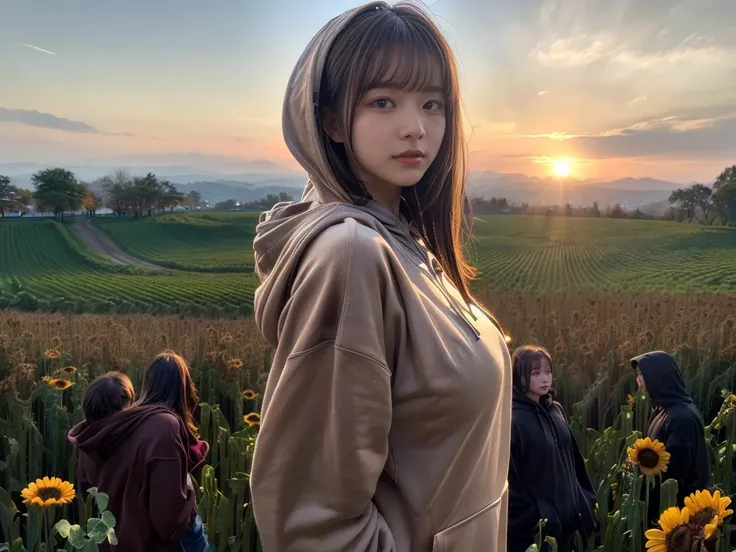 ((top-quality、8K、​masterpiece:1.3))、1girl in、Beautiful woman standing on snowy mountain:1.3、(brown long-haired、Colossal tits:1.4)、(Big Silhouette M51 Field Hoodie:1.5)、Super delicate face、Delicat eyes、double eyelid、Close-up of upper body from below、Sunset、