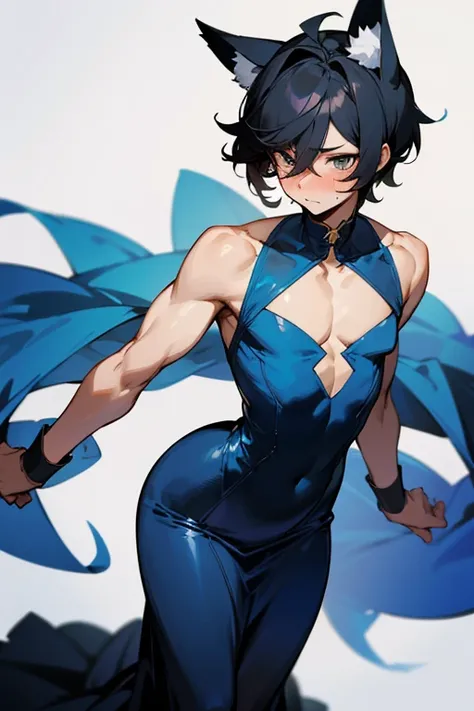 1 boy, boy, anime, femboy, femboy, black hair, short hair, boy short hair, boy hair, dress, large dress, large sexy dress, sexy dress, blue large dress, blue sexy dress, marked nipples in the pectorals on the dress, pectorals, marked nipples on the pectora...